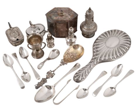 A George II shell fancy back tablespoon and a collection of silver to include a sugar caster, a spirit measure, a hand mirror