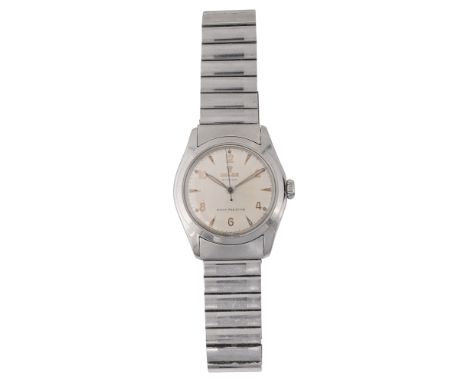 A 1950s vintage Rolex Oyster stainless steel gentleman's wristwatchthe silvered dial with applied Arabic numerals for 12, 2, 
