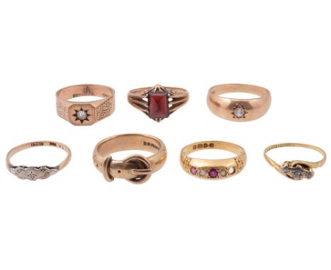 Two 18ct yellow gold rings and five 9ct gold ringsone set with two rubies and two diamonds (the third deficient), the second 