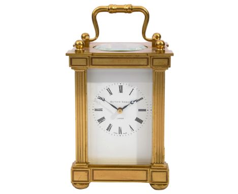 A large Matthew Norman brass four glass carriage clockwhite enamel dial with black Roman numerals, minute track and blued ste
