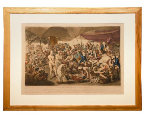 After Johann Zoffany, Colonel Mordaunts Cock Match engraved by Richard Earlom mezzotint with hand colouring, mounted and fram