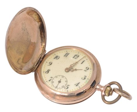 A 14ct gold cased pocket watch with engine turned decoration to case, opening up to reveal an enamel dial, Arabic numerals, f