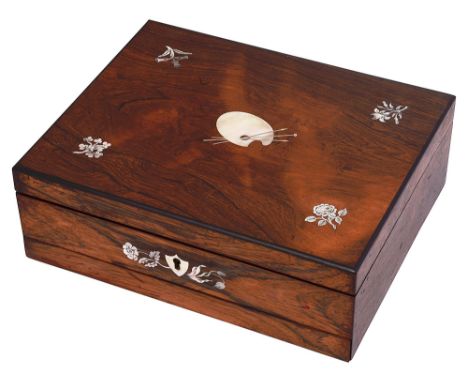 An early 19th century rosewood and mother of pearl inlaid artist's watercolour box by J. Newmans c.1830the hinged lid inlaid 