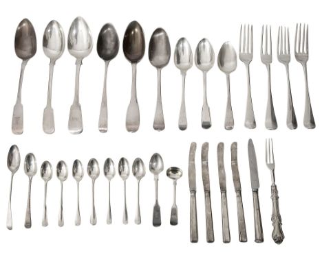 George III and later silver flatwarevarious date and makers,to include a George II Hanoverian pattern tablespoon, London, 174