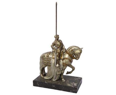 An early 20th century Austrian cold painted spelter touch-tip table / cigar lightercast as mounted knight in armour holding a
