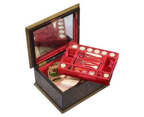 A George IV cut brass boulle marquetry and ebony work boxred velvet liner with mirror to lid, the lift out fitted tray contai