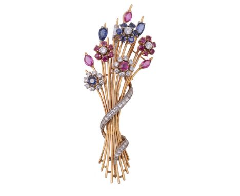 A brilliant-cut diamond, sapphire and ruby spray brooch designed with five flowerhead clusters and six buds, the wirework ste