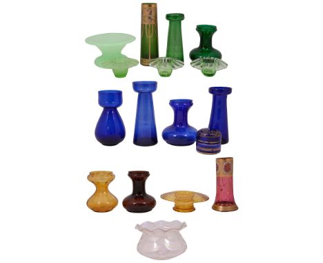 A collection of seventeen pieces of coloured and art glass, 19th century and laterincluding: a Bristol blue glass lidded trin