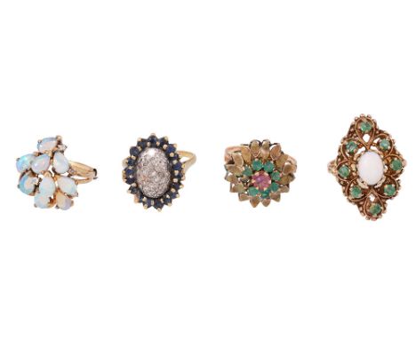 Four gem-set cluster  rings:  the first  set with opals and diamonds to the 9ct yellow gold shank;  the second set with diamo