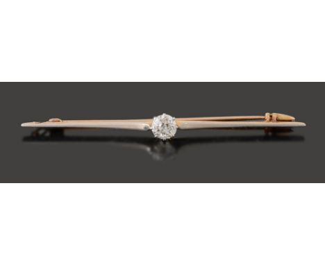 A diamond bar broochthe central old brilliant-cut diamond estimated to weigh 0.60-0.65cts, coronet-set to the tapering bar wi