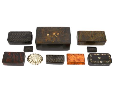 A collection of 19th century black lacquered papier mache and other snuff boxes comprising a finely decorated snuff box paint