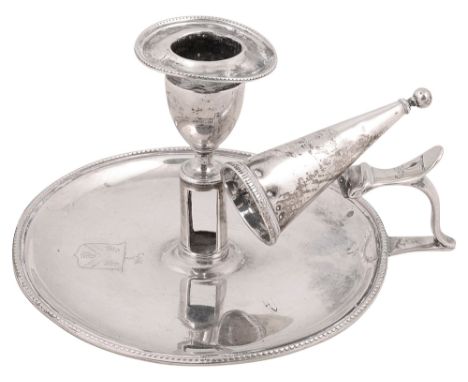 A George III silver chamberstickLondon, 1788 by Henry Chawnerhaving a an urn shaped nozzle and detachable drip pan on a stem 