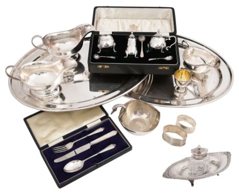 A cased modern silver three piece cruet set, an Edwardian inkstand and other silver and electroplatefirst Birmingham, 1961 by