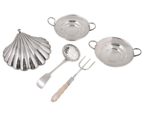 A late Victorian silver butter shell, a pair of Edwardian twin handled bonbon dishes, a Victorian fiddle pattern sifter spoon