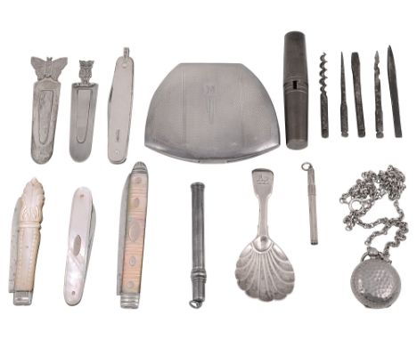 A collection of silver to include a George III silver and mother of pearl handled folding pocket knife and a William IV fiddl