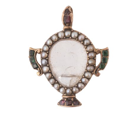 A Georgian memorial gem-set and half pearl locketdesigned as a yellow gold two handled urn set with calibré-cut emeralds, a g