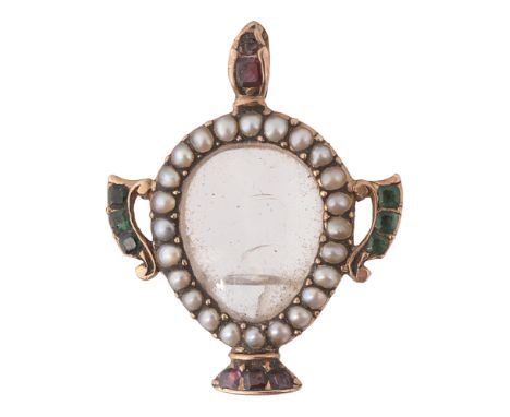 A Georgian memorial gem-set and half pearl locketdesigned as a yellow gold two handled urn set with calibré-cut emeralds, a g