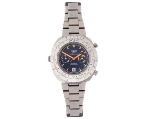 A Tag Heuer stainless steel automatic chronograph 'Calculator' bracelet wristwatch, circa 1977blue dial with applied luminous