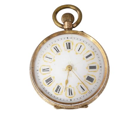 A Swiss 14ct gold open faced pocket watchthe white enamel dial with Roman numerals, case back engraved, the cover inside numb