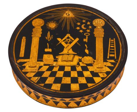 Masonic Interest. An early 19th century black lacquer snuff box and covercircular, the pull off cover decorated in gilt with 