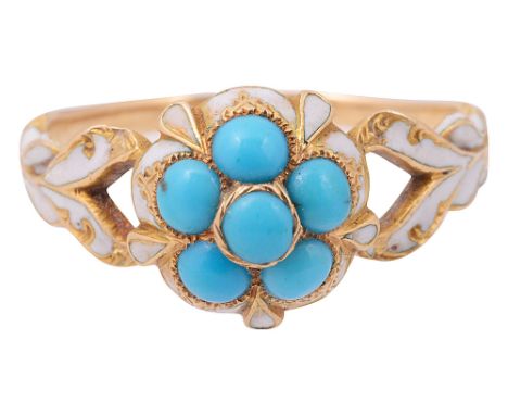 A mid 19th century turquoise, white enamel and yellow gold sentimental ring, the central turquoise-set cluster representing a