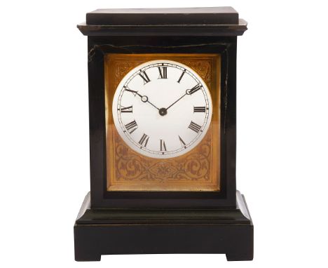 A mid 19th century French ebonsied mantle clockwhite enamel dial with black Roman numerals, minute track and blued steel moon