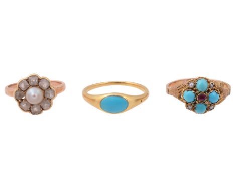 Three mid 19th/early 20th century rings  a turquoise, ruby, seed pearl and 12ct yellow gold cluster ring, a hand each side of