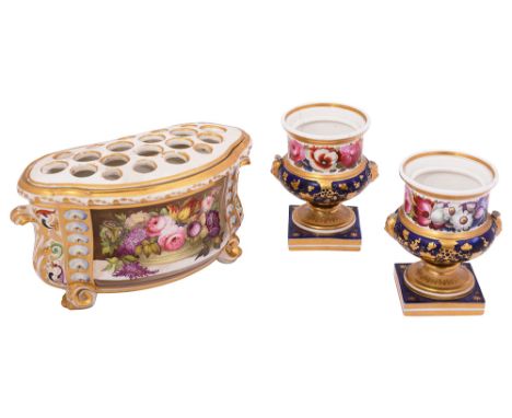 A Derby Duesbury period porcelain bough pot c.1810 and a pair of Spode pastille burnersfirst of bombe serpentine form with a 