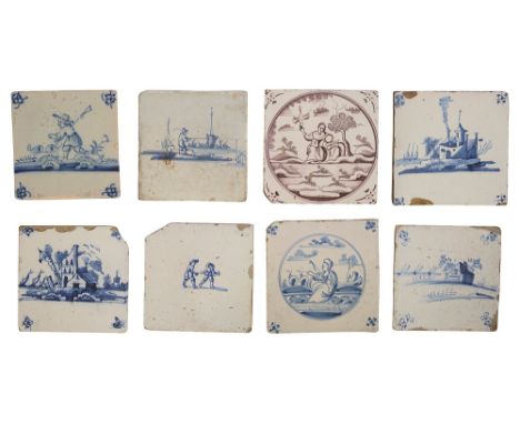 A group of eight Delftware tiles, 18th centurytwo decorated with buildings and ships in the background, another with a plain 