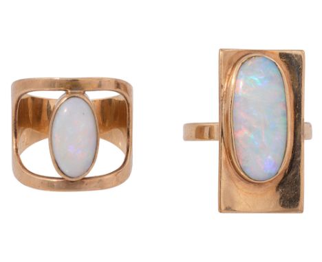 A 9ct opal dress ring together with another ringthe first marked 9ct with rectangular panel set with opal, the second open ba