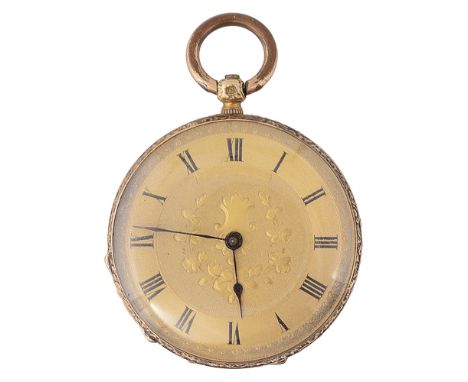A Victorian 18K cased open face pocket watchthe chased dial with chapter ring with Roman numerals, the reverse chased with sc