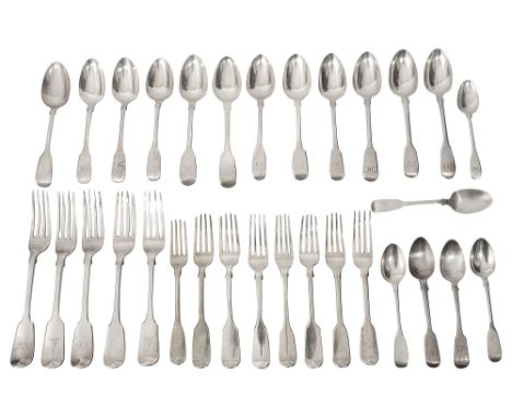 Matched George III and late silver fiddle pattern flatwaremostly London, various dates and makers, comprising five table fork