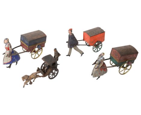 Three late 19th century French tinplate flywheel driven toysprobably Fernand Martin, in the form of postman pulling his cart 