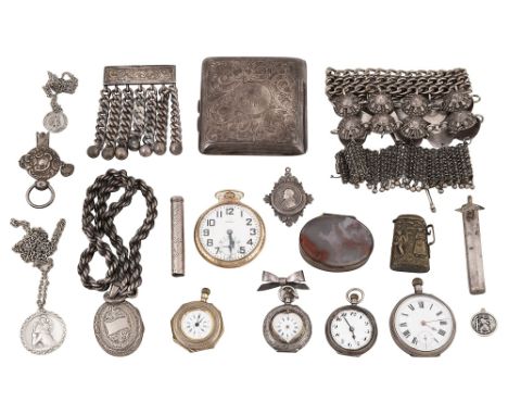 A George V silver cigarette case, open faced fob watches and other itemssilver items to include a square curved cigarette cas