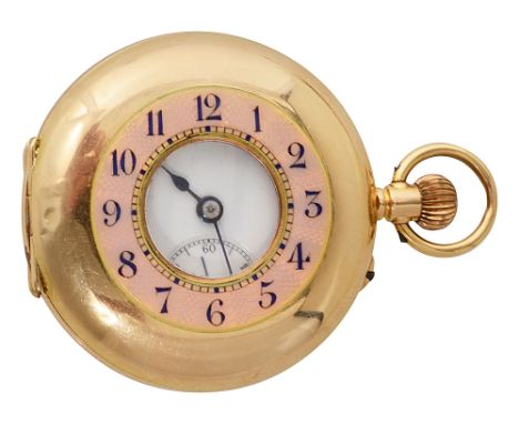An early 20th century continental 15ct gold small keyless half hunter fob watchwhite enamel with black Arabic numerals, subsi