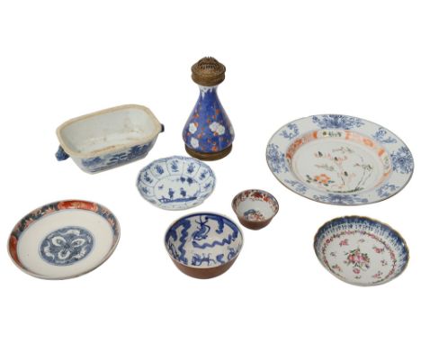 An 18th century Chinese export famille verte porcelain plate and other oriental ceramicsfirst decorated with peony, pine tree