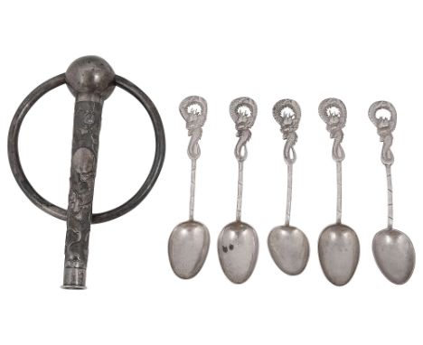 A late 19th century Chinese export silver parasol handle c.1900 and  a set of four Chinese export .90 silver teaspoonsfirst m