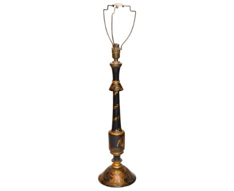 An early 20th century gilt and black lacquer chinoiserie turned table lamp height including fitting 62cm.Condition: Some smal