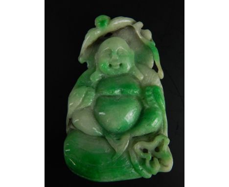 A jade carving, of a laughing Buddha, in dark and light green, 69.4g all in. 