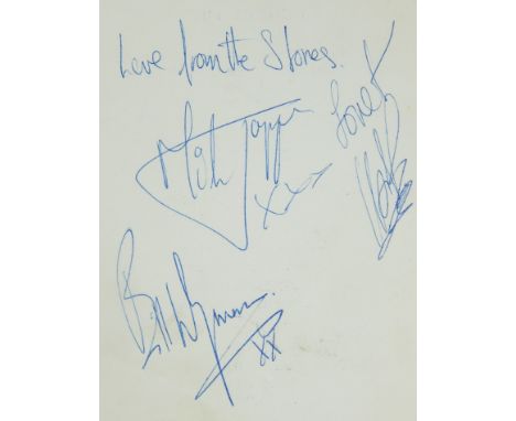 A Rolling Stones signed menu card, by Mick Jagger, Bill Wyman and Charlie Watts, acquired at the Chester Hotel during the 196