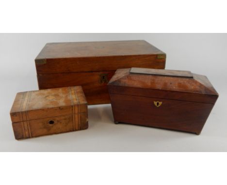 Various 19thC boxes, to include a walnut and brass bound writing box, a sarcophagus shaped rosewood tea caddy and a walnut wo