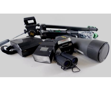 Various camera and optical items, to include a Kenko 70 monocular, a Mirander tripod, Polaroid camera etc.