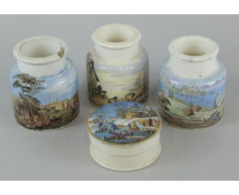 Four items of Prattware, to include three jars, and a box and cover, printed with a snow scene.
