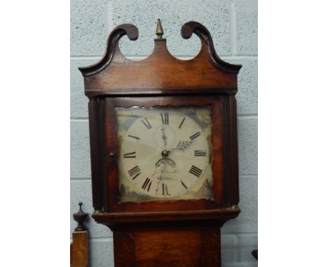 A 19thC oak and mahogany longcase clock, the square painted 30cm white dial signed Jas Thristle Williton, with castle ruin sp