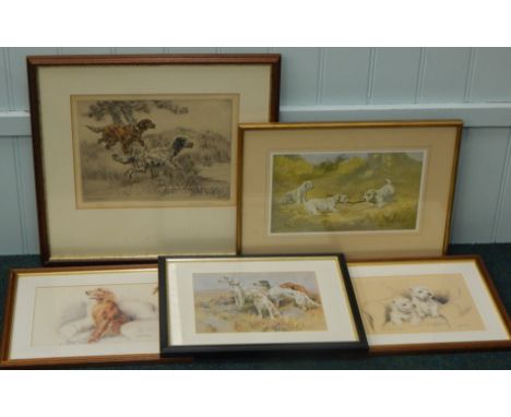 After Henry Wilkinson.  Gun dogs, artist signed limited edition coloured engraving, 24cm x 32cm and various other dog related
