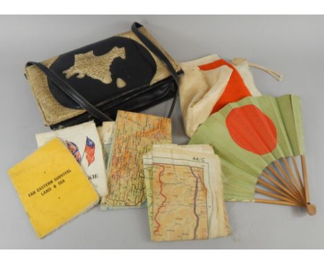 A collection of items, to include linen army maps of Thailand and the Philippines a crocodile skin handbag, a silk Japanese f