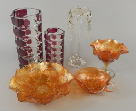 A collection of glass, to include two similar ruby flash type vases, a clear glass lustre and three items of Carnival glass