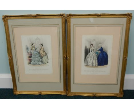 A pair of 19thC French hand coloured fashion prints, in a gilt frame, image size 28cm x 19cm