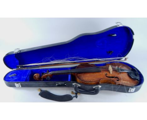 An English violin, with scroll top and one piece back, interior label Preston maker London, 60cm wide, the back 37cm wide, an