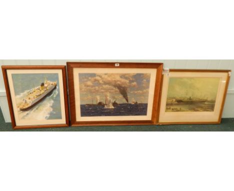 20thC School. Shipping Liner on calm seas, gouache on paper, unsigned, 43cm x 36cm, and two prints, SS Great Britain, (3).